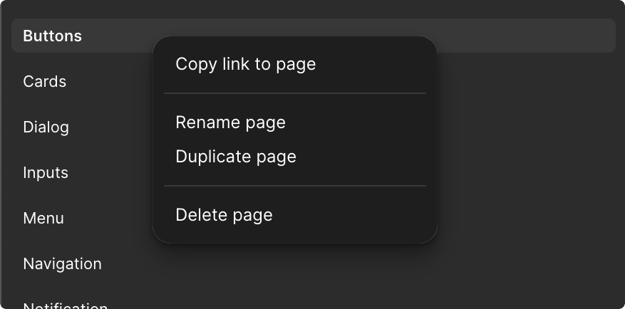 Ciemny zrzut ekranu z Figma. Lista sekcji komponentów (Buttons, Cards, Dialog, Inputs, Menu, Navigation). Nad 'Buttons' widać menu kontekstowe z opcjami: Copy link to page, Rename page, Duplicate page, Delete page.